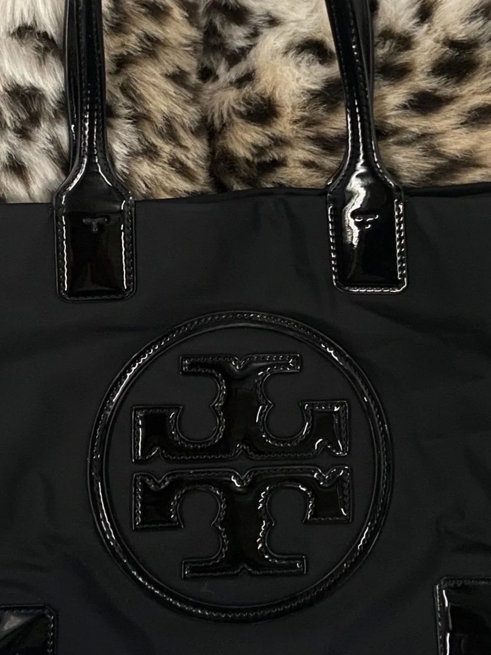 Tory Burch Ella with Patent Logo Tote Hand Bag Black Nylon